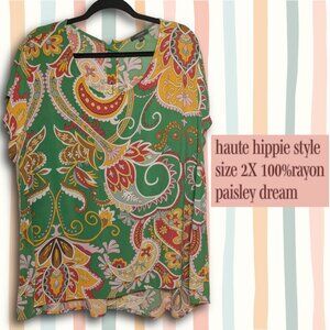 Haute Hippie Style sz 2X Paisley Top - Vibrant Green Boho Blouse